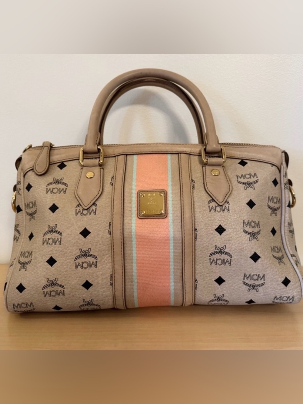 MCM Visetos Stripe Boston Satchel Bag Beige Cream Pink Accent with Dust Bag